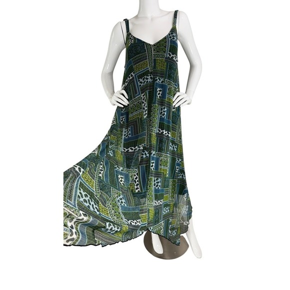 VTG Y2K Boho Dress XL Green Blue Patchwork Handkerchief Hem Flowy Light Fairy - Picture 8 of 13
